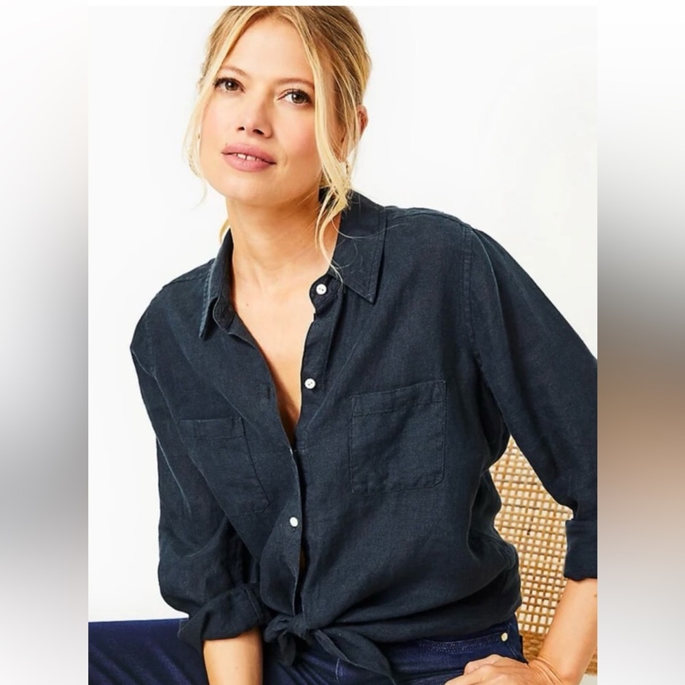 Lilly Pulitzer Linen Button-Up blouse top navy blue